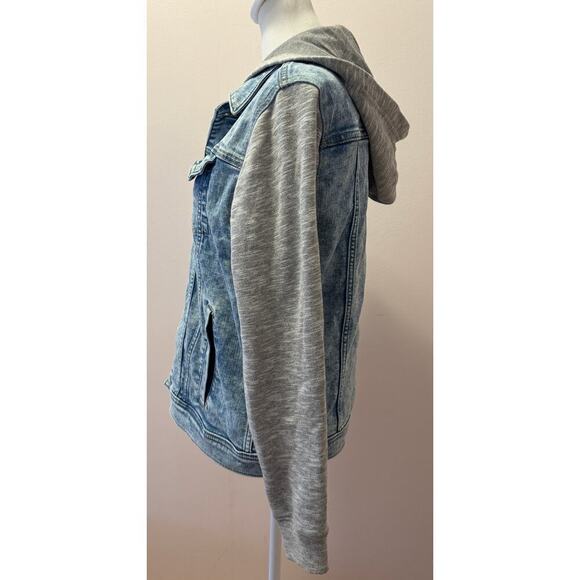ABERCROMBIE KIDS Denim Jean Jacket Jersey Sleeves Hoodie Sweatshirt Size 13/14 - Picture 2 of 4